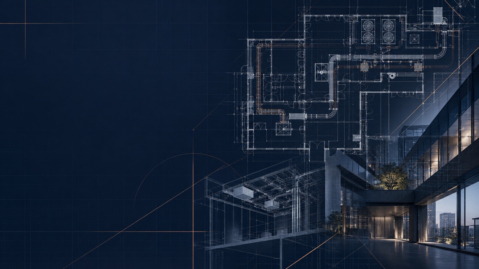 建築の設計図と建物を重ねたAIツール開発支援のイメージ