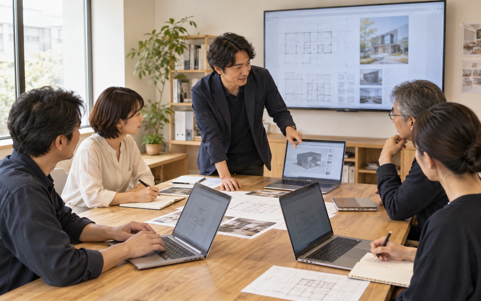 少人数でPCを操作しながら学ぶ建築AI研修のイメージ